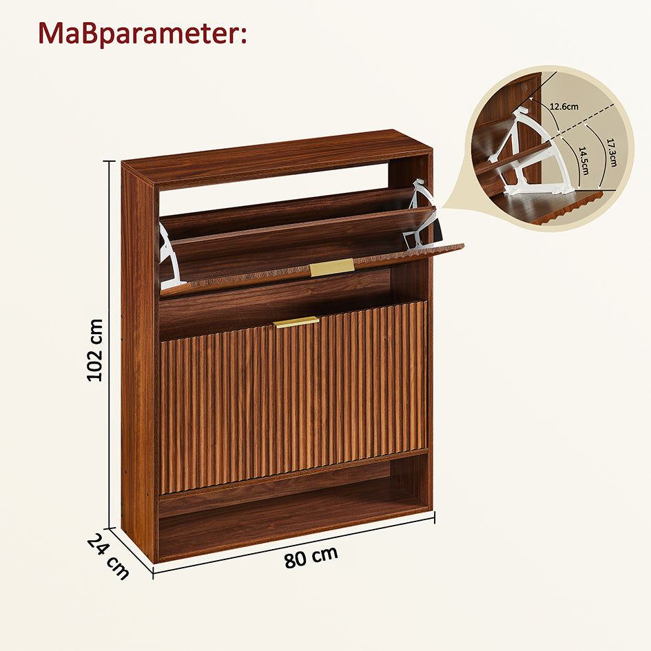 Schmaler Schuhkipper 24cm Nussbaum-Optik – Schuhschrank mit Nutfront & Kippschutz – Platzsparendes Schuhregal für 20+ Paar Schuhe