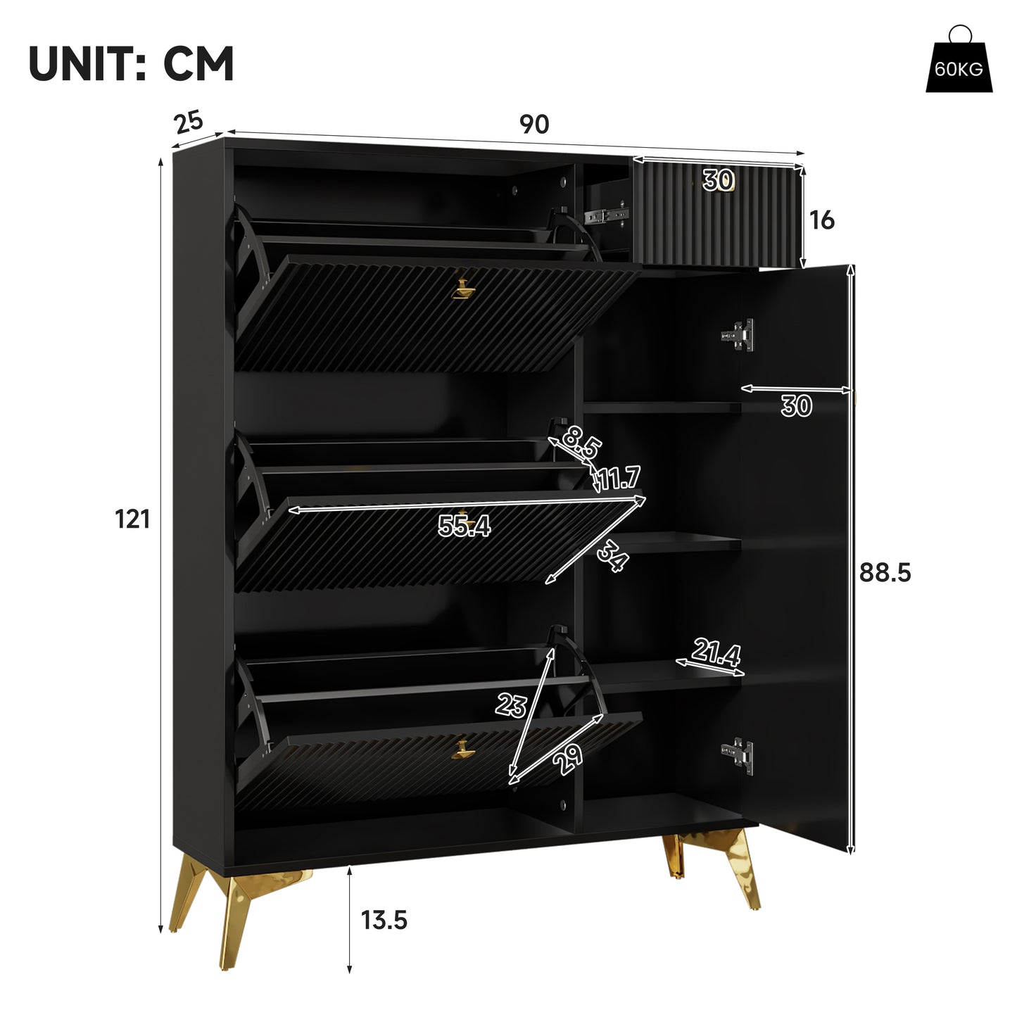 Schuhschrank mit 3 Klappen, 1 Schublade und 1 Tür, Schuhregal, Schuhkipper schmal, Schuhschrank Schwarz