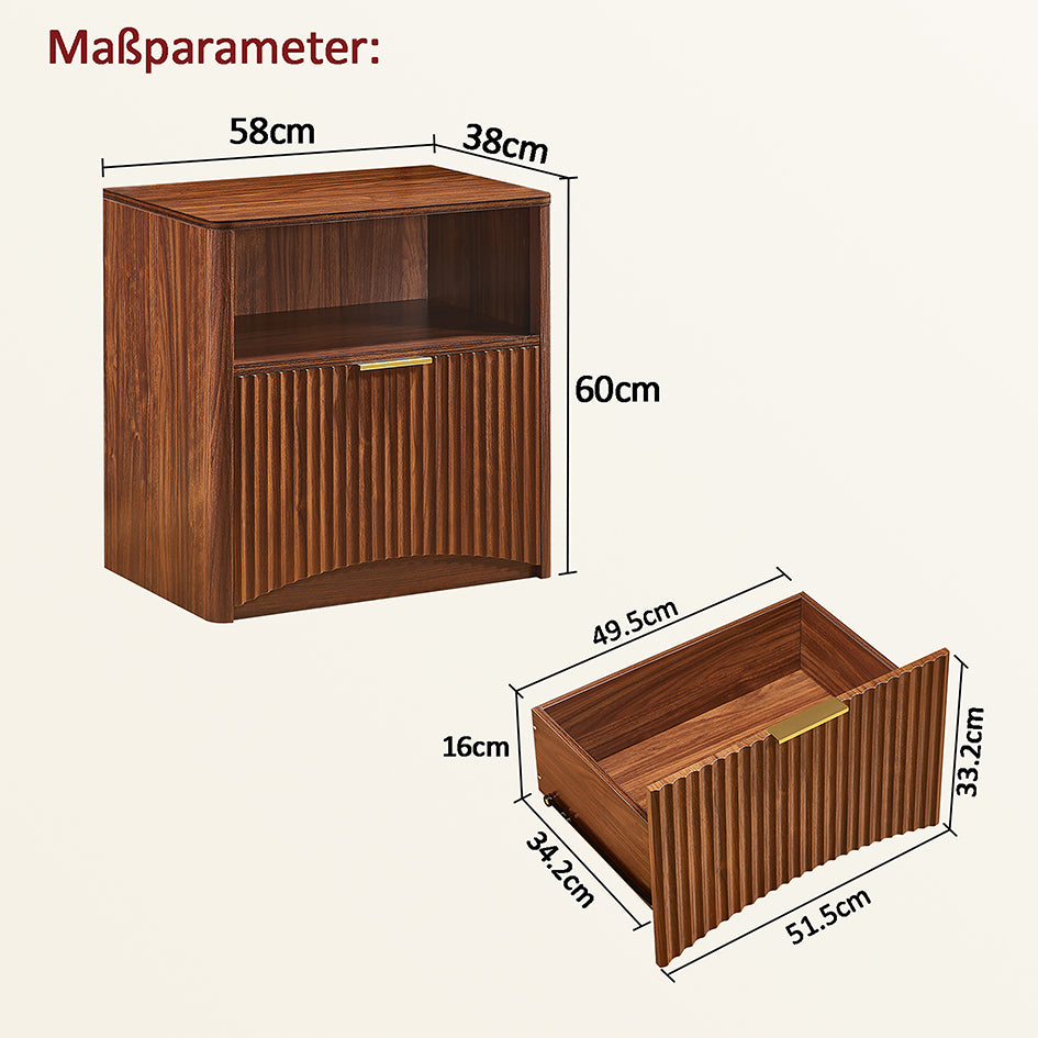 Nachttisch Nussbaum-Optik mit Rillendesign & Schublade – Beistelltisch mit goldenem Griff & abgerundeten Kanten – Modernes 3-Stufen-Storage