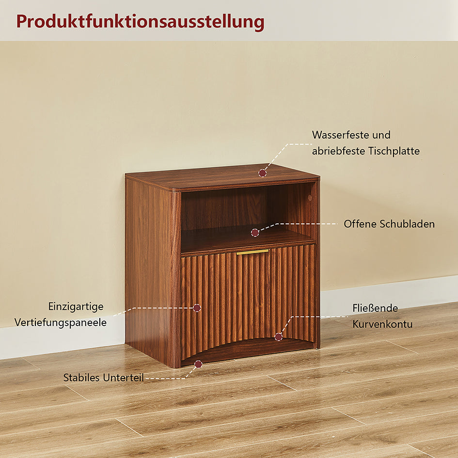 Nachttisch Nussbaum-Optik mit Rillendesign & Schublade – Beistelltisch mit goldenem Griff & abgerundeten Kanten – Modernes 3-Stufen-Storage