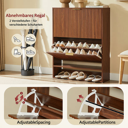 Schmaler Schuhkipper 24cm Nussbaum-Optik – Schuhschrank mit Nutfront & Kippschutz – Platzsparendes Schuhregal für 20+ Paar Schuhe