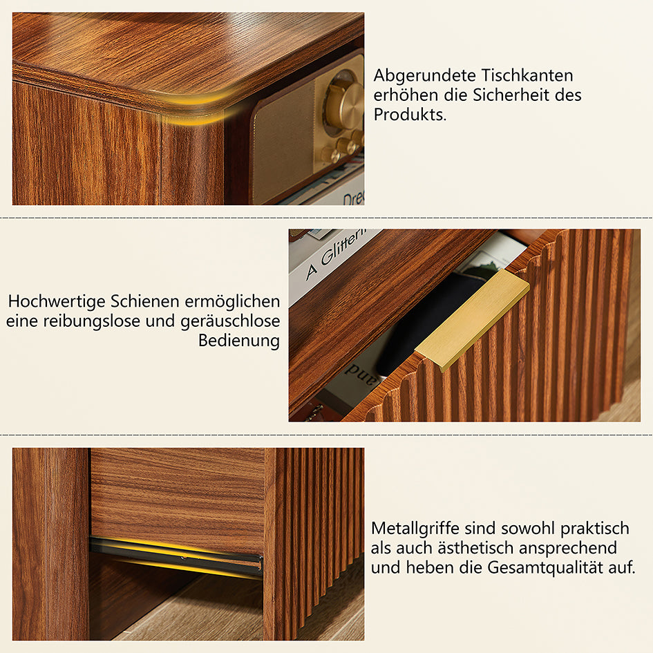 Nachttisch Nussbaum-Optik mit Rillendesign & Schublade – Beistelltisch mit goldenem Griff & abgerundeten Kanten – Modernes 3-Stufen-Storage