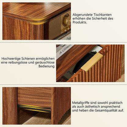 Nachttisch Nussbaum-Optik mit Rillendesign & Schublade – Beistelltisch mit goldenem Griff & abgerundeten Kanten – Modernes 3-Stufen-Storage