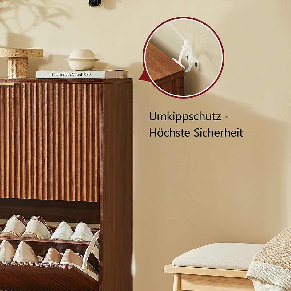Schmaler Schuhkipper 24cm Nussbaum-Optik – Schuhschrank mit Nutfront & Kippschutz – Platzsparendes Schuhregal für 20+ Paar Schuhe