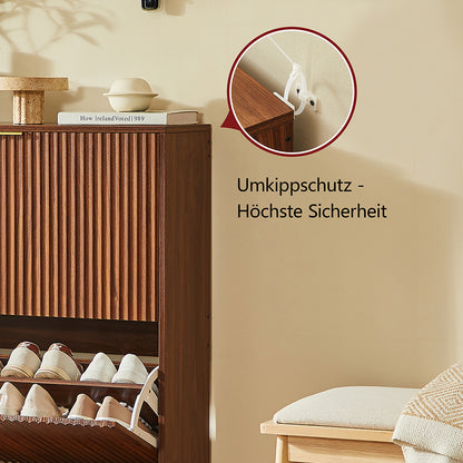 Schmaler Schuhkipper 24cm Nussbaum-Optik – Schuhschrank mit Nutfront & Kippschutz – Platzsparendes Schuhregal für 20+ Paar Schuhe