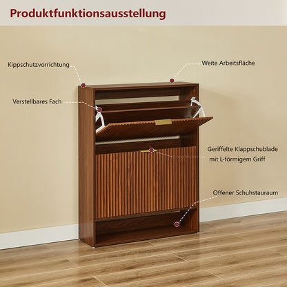 Schmaler Schuhkipper 24cm Nussbaum-Optik – Schuhschrank mit Nutfront & Kippschutz – Platzsparendes Schuhregal für 20+ Paar Schuhe