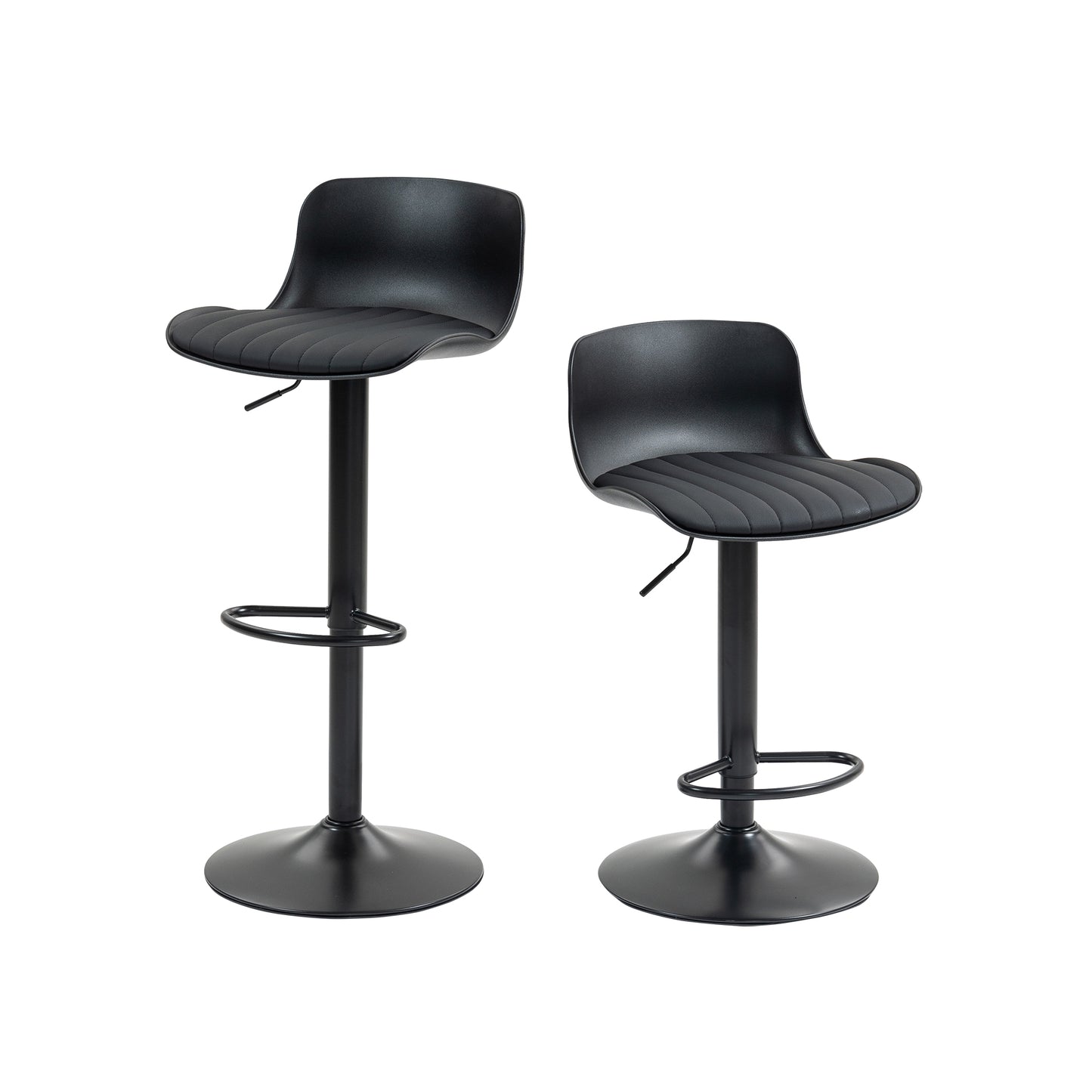 Moderne verstellbare Schwenk Barhocker 2er Set Kunststoff Rückenlehne Kunstledersitz Gasdruckheber Metallfuß mit Fußstütze. Schwarz