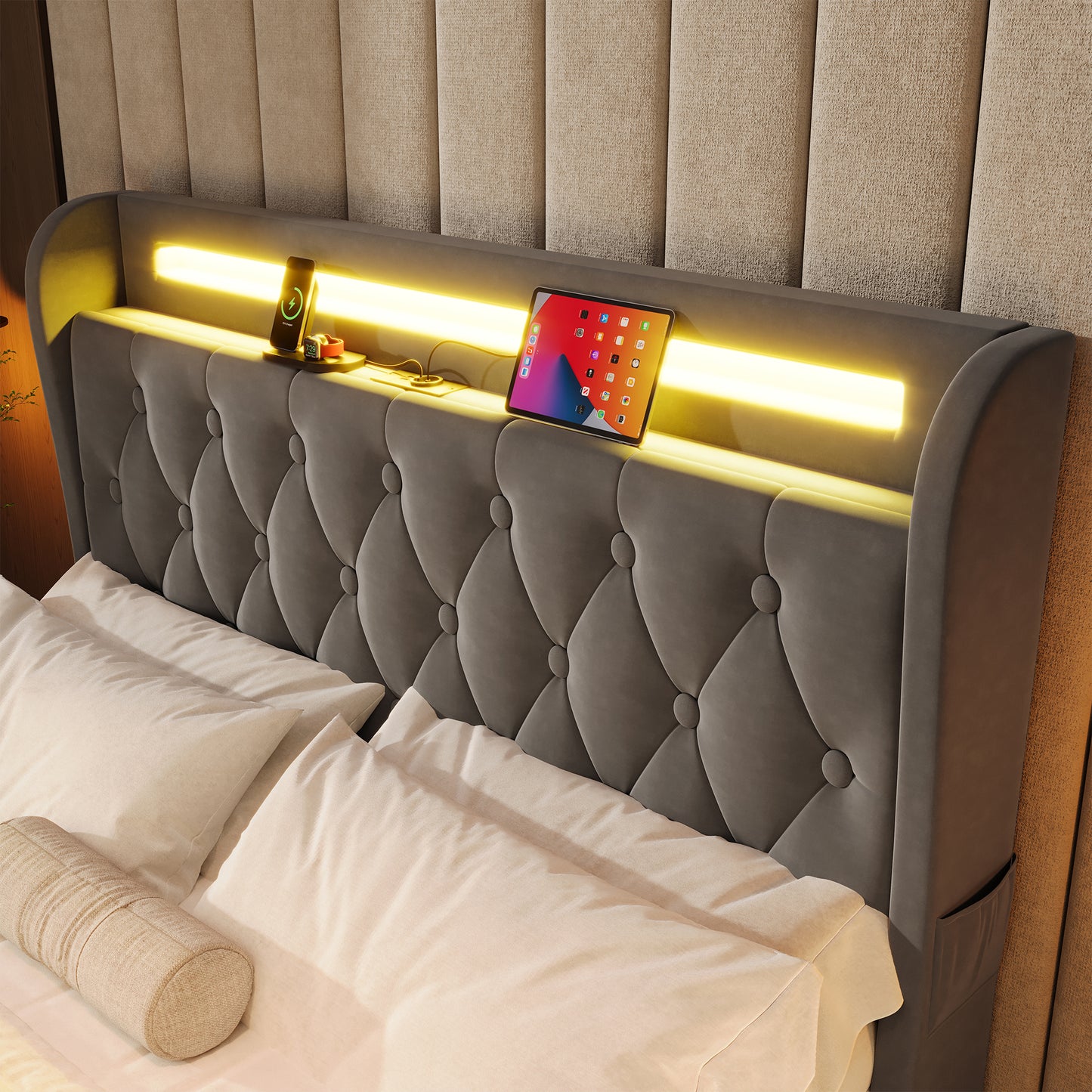 Polsterbett 140x190 Samt LED-Bett mit USB & Typ-C, Bettgestell mit 4 Schubladen & Stauraum-Kopfteil, Modernes Doppelbett, 300kg Last, Grau