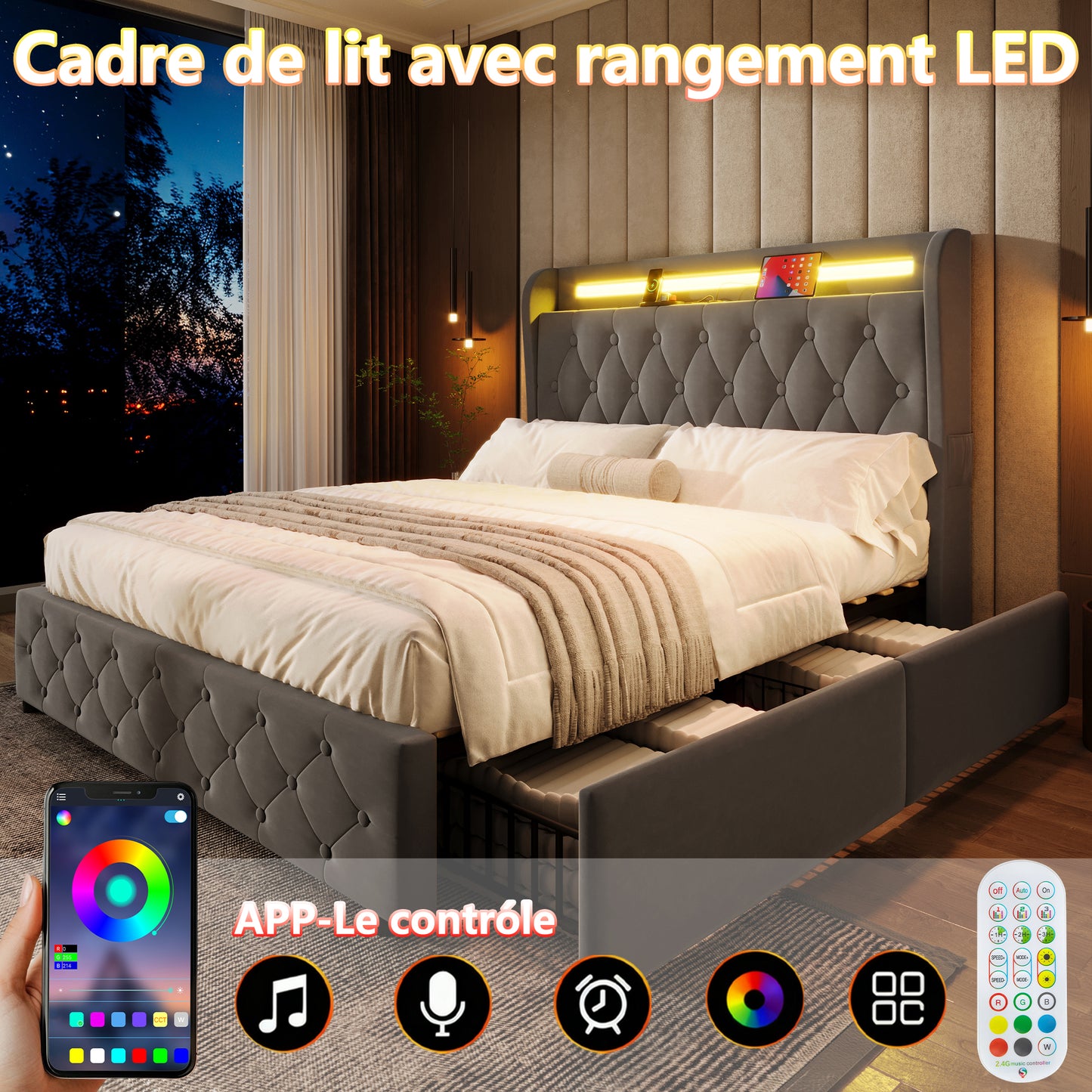 Polsterbett 140x190 Samt LED-Bett mit USB & Typ-C, Bettgestell mit 4 Schubladen & Stauraum-Kopfteil, Modernes Doppelbett, 300kg Last, Grau