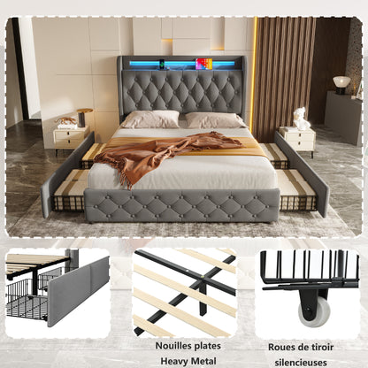 Polsterbett 140x190 Samt LED-Bett mit USB & Typ-C, Bettgestell mit 4 Schubladen & Stauraum-Kopfteil, Modernes Doppelbett, 300kg Last, Grau