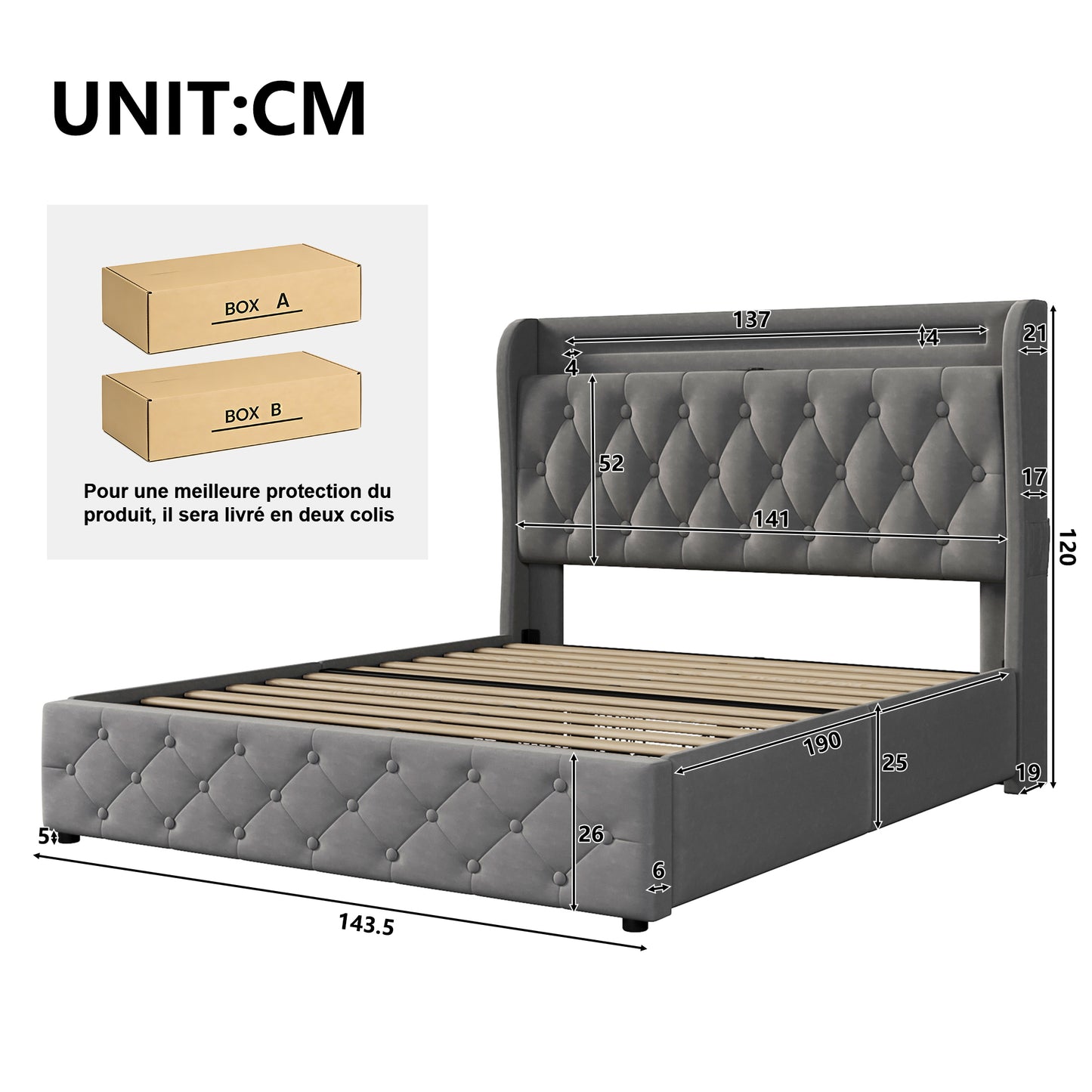 Polsterbett 140x190 Samt LED-Bett mit USB & Typ-C, Bettgestell mit 4 Schubladen & Stauraum-Kopfteil, Modernes Doppelbett, 300kg Last, Grau