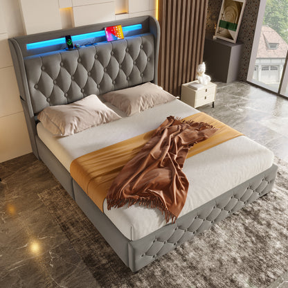 Polsterbett 140x190 Samt LED-Bett mit USB & Typ-C, Bettgestell mit 4 Schubladen & Stauraum-Kopfteil, Modernes Doppelbett, 300kg Last, Grau