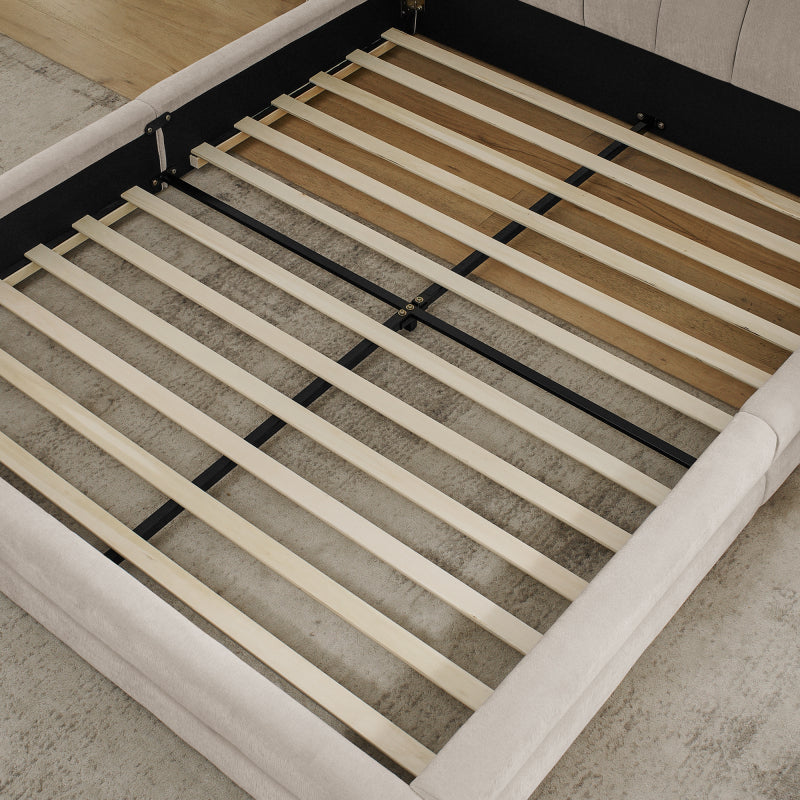 Doppelbett 160×200 cm, Chenille Stoff, komfortable Rückenlehne, robustes Eukalyptus- und Eisengestell, einfach zu montieren, Beige (ohne Matratze)