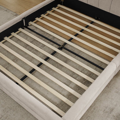 Doppelbett 160×200 cm, Chenille Stoff, komfortable Rückenlehne, robustes Eukalyptus- und Eisengestell, einfach zu montieren, Beige (ohne Matratze)