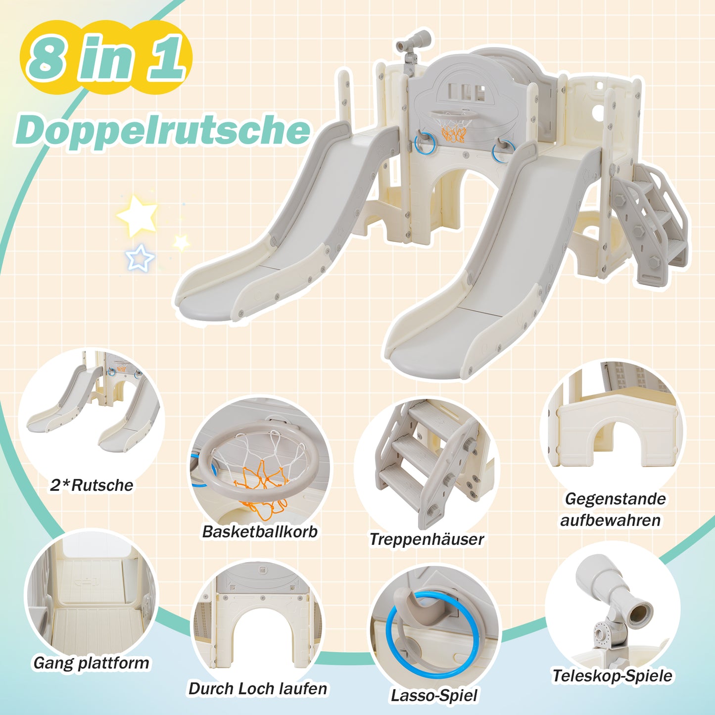 8 in 1 Kinderrutsche Kletterspielzeug, Multifunktionsrutsche mit 2 Rutschen, freistehende Rutsche, Klettern, Bohrspiel, Stauraum, Spielkorridor, Basketballkorb, Lasso-Spiel, Teleskop. Hergestellt aus