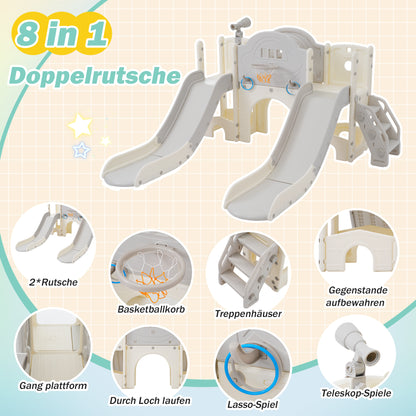 8 in 1 Kinderrutsche Kletterspielzeug, Multifunktionsrutsche mit 2 Rutschen, freistehende Rutsche, Klettern, Bohrspiel, Stauraum, Spielkorridor, Basketballkorb, Lasso-Spiel, Teleskop. Hergestellt aus