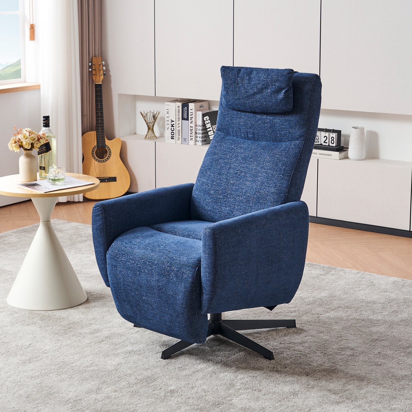 Bequemer Relaxsessel mit Liegefunktion – Chenille Fernsehsessel mit Fußstütze, drehbarer Stillsessel & Loungesessel für Wohnzimmer, modernes Sofa, Blau
