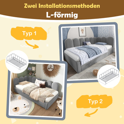 Polsterbett Daybett 90x200cm,Tagesbett Schlafsofa Kinderbett mit Ausziehbett 90x190cm und Lattenrost, Samt, Grau, ohne Matratze