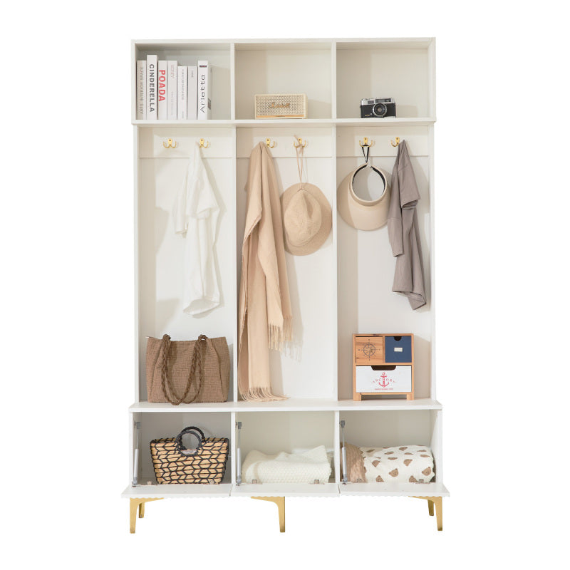 Garderobenset mit Bank, multifunktionale Aufbewahrungsbank, offene Aufbewahrung,6 goldene Haken und Füße, geeignet für Flur, Wohnzimmer, weiß, B120/D40/H191.5CM