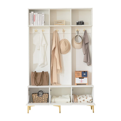 Garderobenset mit Bank, multifunktionale Aufbewahrungsbank, offene Aufbewahrung,6 goldene Haken und Füße, geeignet für Flur, Wohnzimmer, weiß, B120/D40/H191.5CM