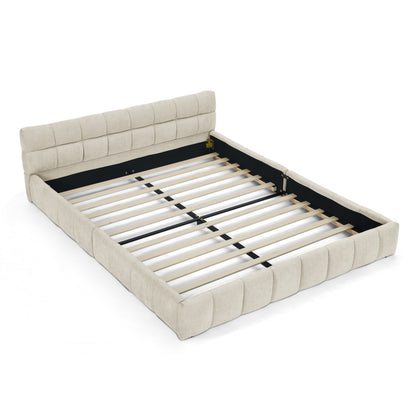 Doppelbett 140x200 cm, Bett mit seidig weichem Chenille - Bezug, quadratischem Steppdesign, Beige (ohne Matratze)