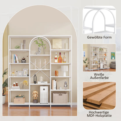 Regal 160x30x180 cm aus Stahl & MDF, modernes Bücherregal mit Bogen-Design, offene Fächer, hoher Stauraum, Weiß