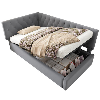 Polsterbett Tagesbett Daybett 90x200cm, Schlafsofa mit hydraulischem Stauraum, Kinderbett Jugendbett Bettgestell mit Lattenrost aus Holz, Samt, Grau, ohne Matratze.