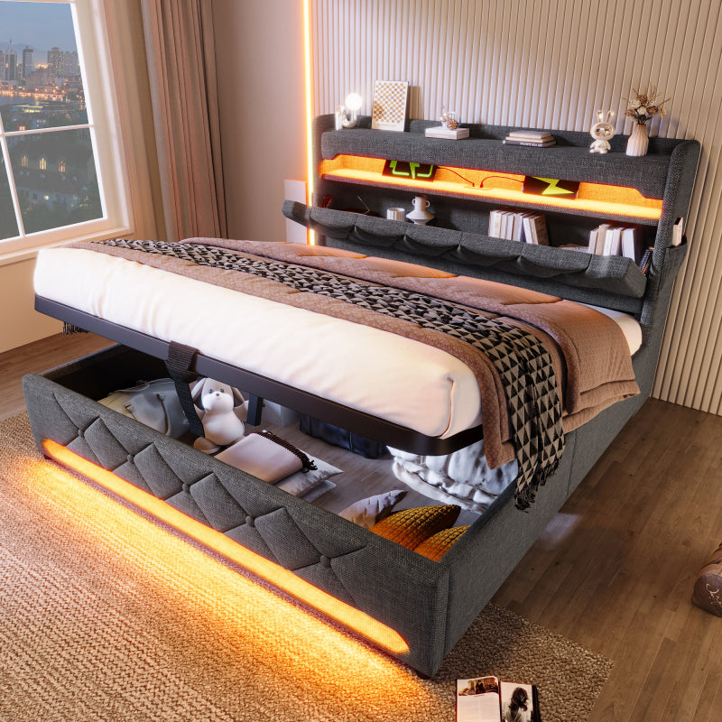 Polsterbett Doppelbett 180*200, Stauraum Kopfteil mit USB und Typ C-Port ,360-Surround-LED-Funktion rund um Kopf- und Fußende des, Betten mit Hydraulisch Stauraum, Grau , Leinen(Ohne Matratze)