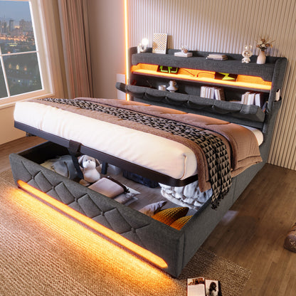 Polsterbett Doppelbett 180*200, Stauraum Kopfteil mit USB und Typ C-Port ,360-Surround-LED-Funktion rund um Kopf- und Fußende des, Betten mit Hydraulisch Stauraum, Grau , Leinen(Ohne Matratze)