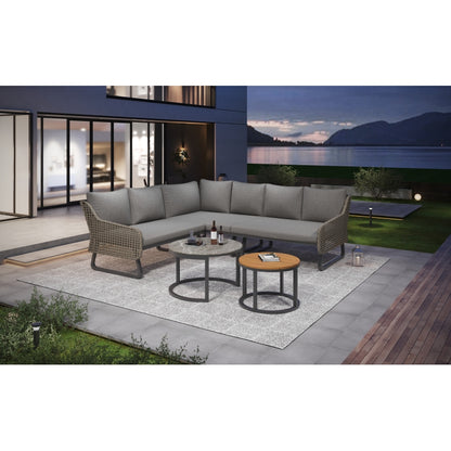 Gartenmöbel-Set für 6-7 Personen, Outdoor-Lounge-Set, Rattan-Handwerk, mit zwei Tischen, mit verzinktem Eisengestell, verstellbare Beine, inklusive aller Sitz- und Rückenkissen, grau