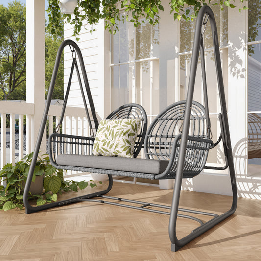 Gartenschaukel, Hollywoodschaukel mit Rückenlehne, Gartenmöbel-Set für den Außenbereich,Doppelschaukel aus PE-Rattan, 2 Sitze, Dunkelgrauer Sitzrahmen und Kissen