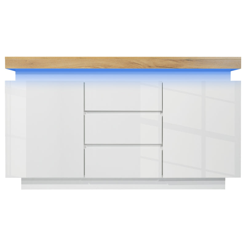 Kommode, Hochglanz Sideboard mit 2 Türen und 3 Schubladen, LED Beleuchtung (App Control), Mehrzweckschrank für Wohnzimmer und Schlafzimmer, 81 x 140 x 39 cm, Weiß