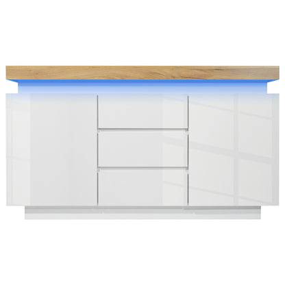 Kommode, Hochglanz Sideboard mit 2 Türen und 3 Schubladen, LED Beleuchtung (App Control), Mehrzweckschrank für Wohnzimmer und Schlafzimmer, 81 x 140 x 39 cm, Weiß