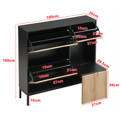 Schuhschrank mit Schuhwechselhocker, dreifach klappbarem Schuhregal und offenem Stauraum, geeignet für Flure, Schwarz + Holzfarbe