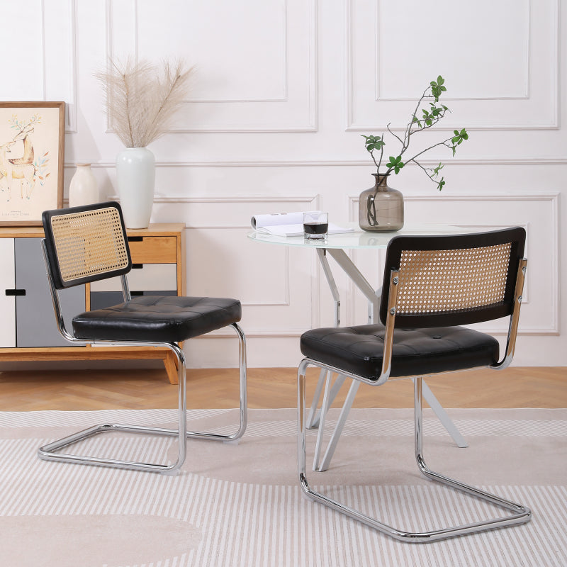 Mittelalterliche moderne Esszimmerstühle, ein Satz von 2-Rattan Esszimmerstühlen mit weichen gepolsterten Kunstlederelementen, armlose Mesh Rückenlehne Rattan Stühle, Metall Chrom Beine(Black)