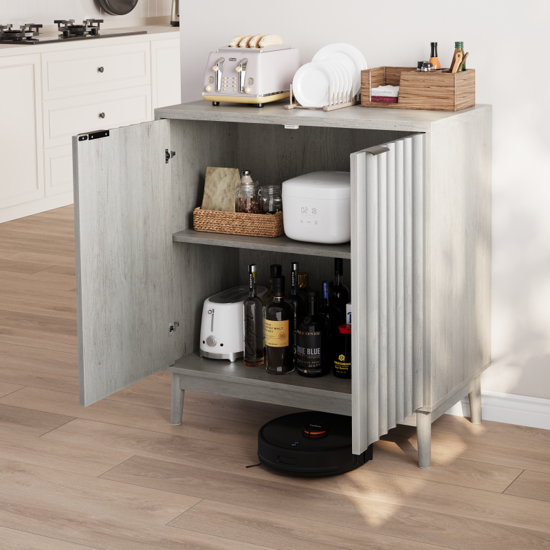 Rillenkantenschrank, unabhängiges Buffet mit verstellbaren Regalen, Holzschrank, passend für Wohnzimmer, Flur, Eingang, Grau