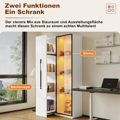 Multifunktionsschrank 160 cm hoch – Bücherregal und Vitrine mit Türen aus gehärtetem Glas, Türrahmen aus Aluminium, 1 Tür, 1 seitliche Schublade, mit Rollen und LED-Beleuchtung – Vitrine, Esszimmersch