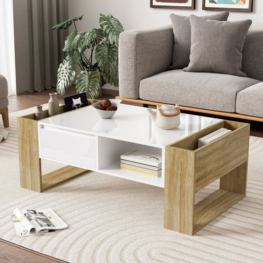 Moderner Couchtisch 105 x 60 x 40 cm - teilweise hochglanz, mit Schubladen und offenen Fächern