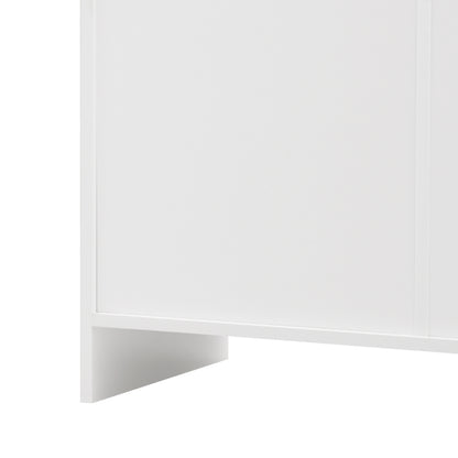 Sideboard mit weißer Holzmaserung, vier Türen, mit drei Schubladen, Wohnzimmer, Esszimmer. Holzfarbe und Weiß
