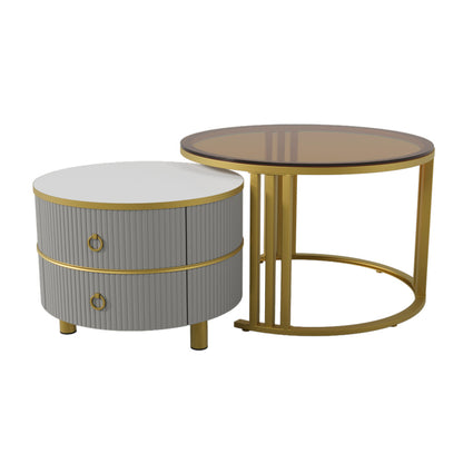 2-in-1 runder MDF-Couchtisch, Beistelltisch mit 1 Hochglanz-Tischplatte und 1 brauner Tischplatte aus gehärtetem Glas, Wohnzimmer-Couchtischkombination mit 2 Schubladen, 70*70*45 + 50*50*40 cm