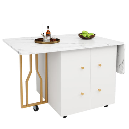 Tragbarer Esstisch, klappbare Tischplatte, marmorierte Tischplatte, geeignet für Esszimmer, Wohnzimmer, verstellbare Trennwände, große Ablagefächer, 6 Rollen (2 feststellbar), goldene Tischbeine