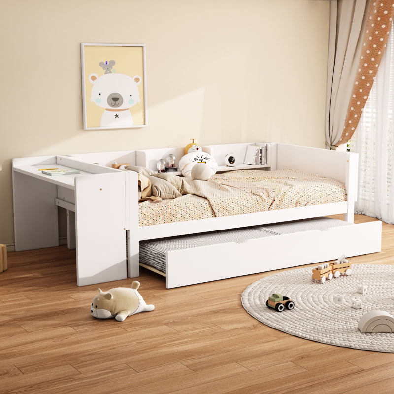 Flachbett, Holzbett, 140x200cm, mit Schreibtisch, ausgestattet mit 2 Schubladen, Doppelbett(Ohne Matratze), mit Regalen, Kiefer + Spanplatte, Rosa