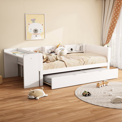 Flachbett, Holzbett, 140x200cm, mit Schreibtisch, ausgestattet mit 2 Schubladen, Doppelbett(Ohne Matratze), mit Regalen, Kiefer + Spanplatte, Rosa