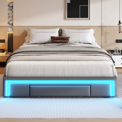 Bettgestell 160X200 mit Schubladen, PU-Leder Bett ohne Kopfteil Mit LED-Lichtleiste, MetalllattenPlattformbett für moderne Schlafzimmer Grau