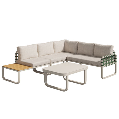 Garten Lounge Set (4-5 Sitzer), Grünes Leder Rattan Gartenmöbel Set, Modernes Outdoor Sofa Set inkl. aller Sitz- und Rückenkissen, Balkonset, Garten und Terrasse, Aprikose