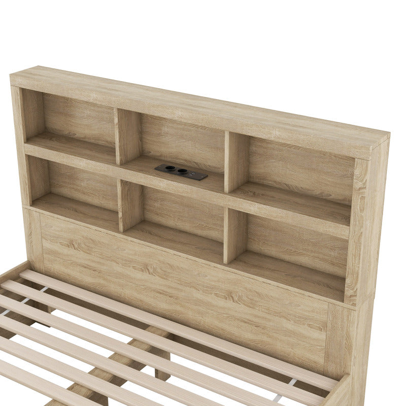 160*200 cm Doppelbett, Kingsize-Plattformbett mit zwei Schubladen am Fußende des Bettes, Kopfteil mit Stauraum, Natur