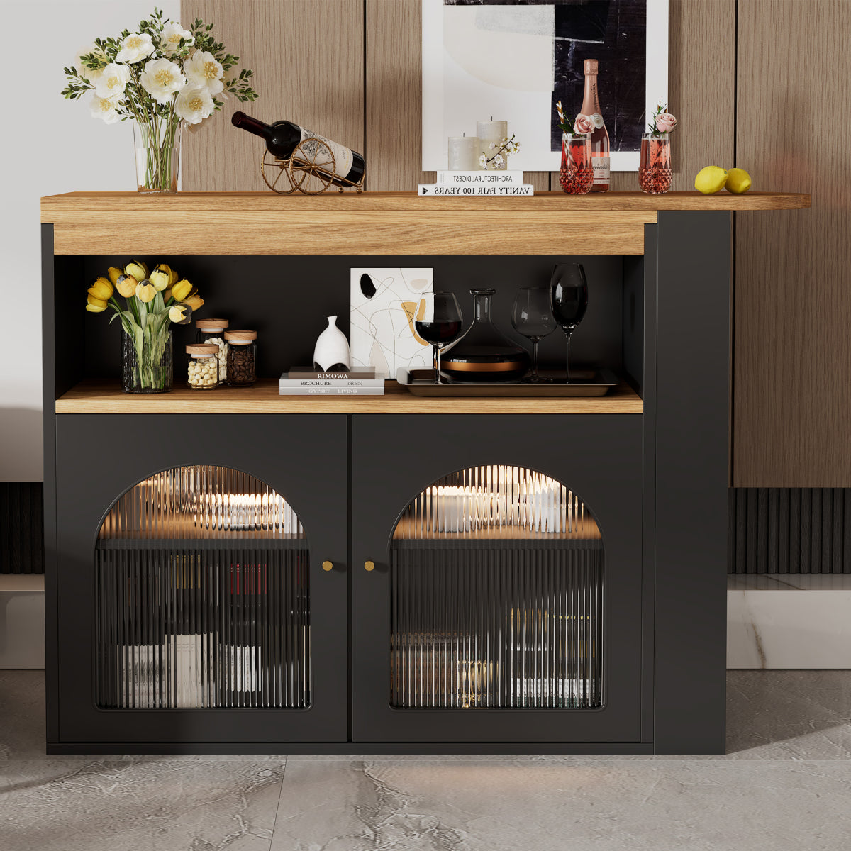 Bartisch ausziehbar 138-193cm, 360° drehbarer Stehtisch mit LED-Beleuchtung & Glasfront, Bistrotisch mit 3 Ablagen, Küchentisch, Schwarz
