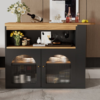 Bartisch ausziehbar 138-193cm, 360° drehbarer Stehtisch mit LED-Beleuchtung & Glasfront, Bistrotisch mit 3 Ablagen, Küchentisch, Schwarz