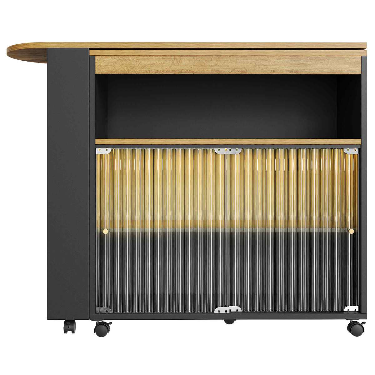 Produkttitel:  Bartisch ausziehbar 138-204cm, fahrbarer Stehtisch mit LED & Changhong-Glas, Küchentisch mit Rollen & Stauraum, Bistro Table, Schwarz