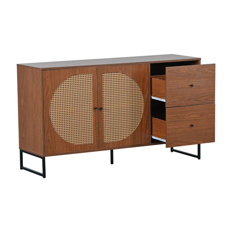 Sideboard mit 2 Rattan verzierten Türen und 2 Schubladen Kommode Küchenschrank, Mehrzweckschrank, Highboard mit Metallgriffe, für Schlafzimmer & Wohnräume & Büro